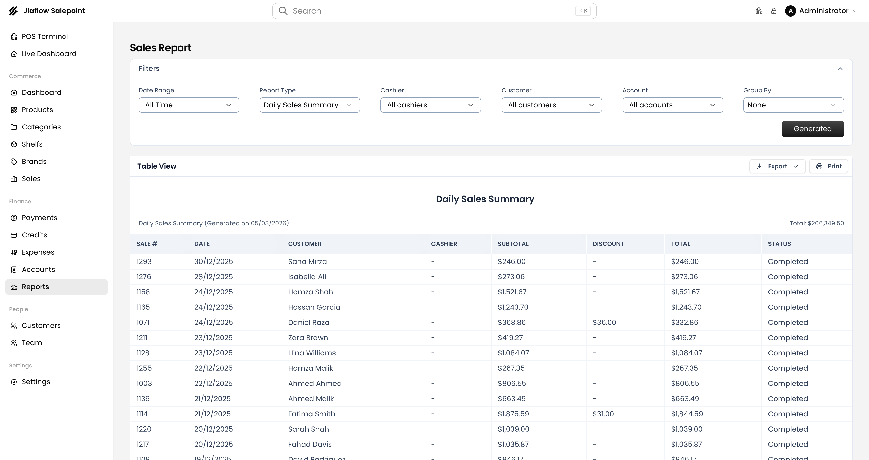 Jiaflow Sales financial reports dashboard