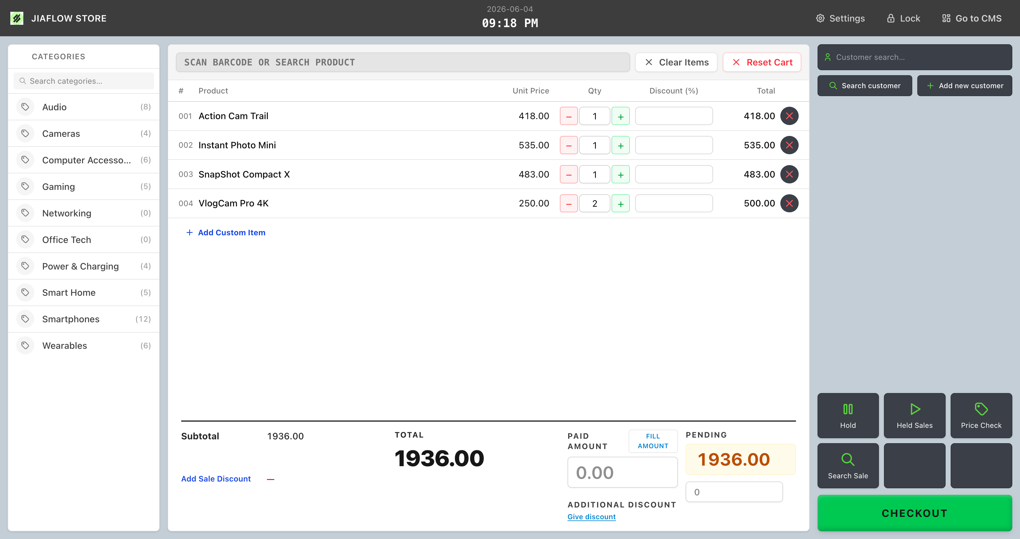 Jiaflow Sales terminal checkout screen